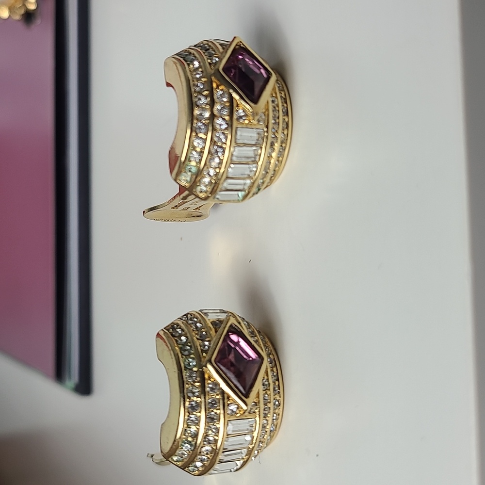 Christan Dior Gold Plated Earrings Clip On With Crystal / Amethyst  Repaired - Picture 15 of 16